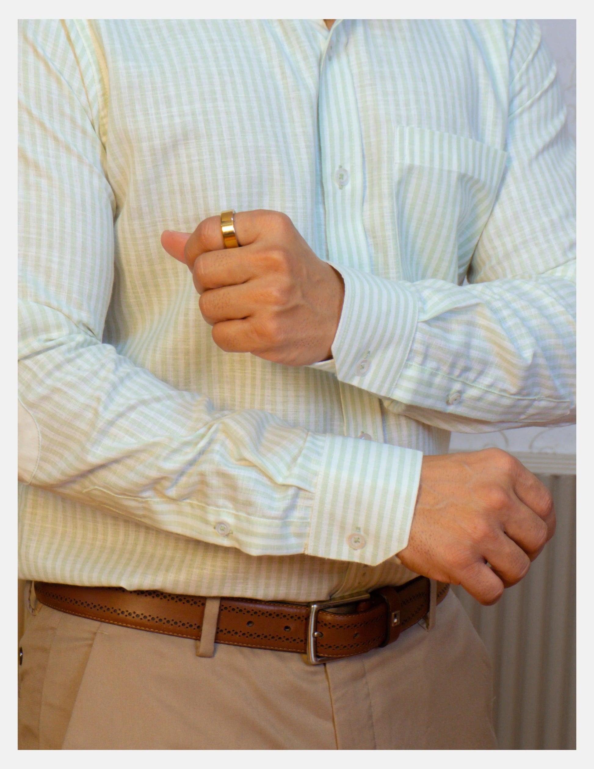 Light Green Striped Linen Shirt for Men – White Contrast Button-Down Collar | Dignity | Cuff and Sleeve Detail View