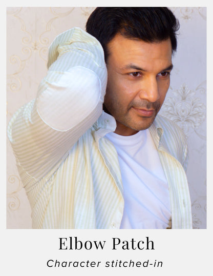 Light Green Striped Linen Shirt for Men – White Contrast Button-Down Collar | Dignity | Elbow Patch Detail View