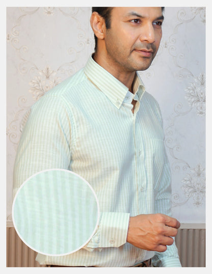 Light Green Striped Linen Shirt for Men – White Contrast Button-Down Collar | Dignity | Fabric Texture Front View