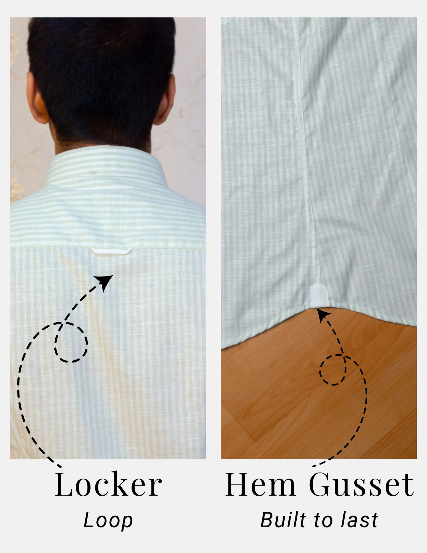 Light Green Striped Linen Shirt for Men – White Contrast Button-Down Collar | Dignity | Locker Loop and Hem Gusset Detail View