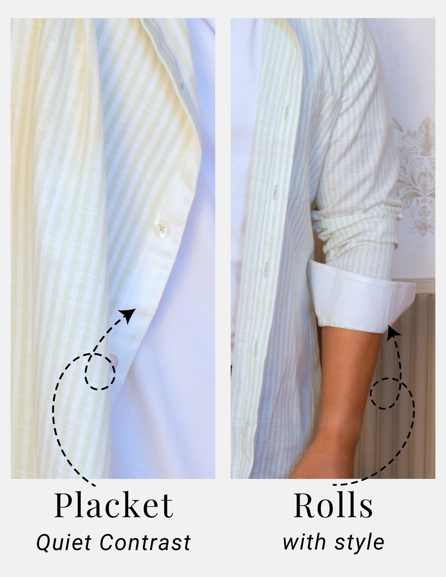 Light Green Striped Linen Shirt for Men – White Contrast Button-Down Collar | Dignity | Placket and Turn-Up Sleeve Detail View