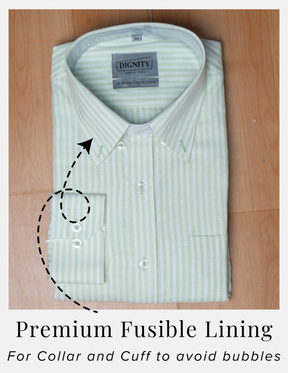 Light Green Striped Linen Shirt for Men – White Contrast Button-Down Collar | Dignity | Premium Fusible Lining Collar and Cuff View