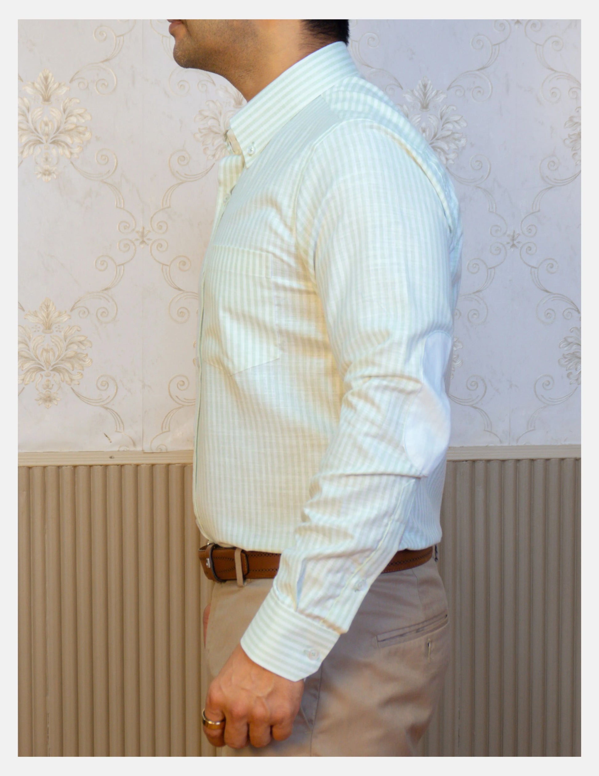 Light Green Striped Linen Shirt for Men – White Contrast Button-Down Collar | Dignity | Side View with Elbow Patch
