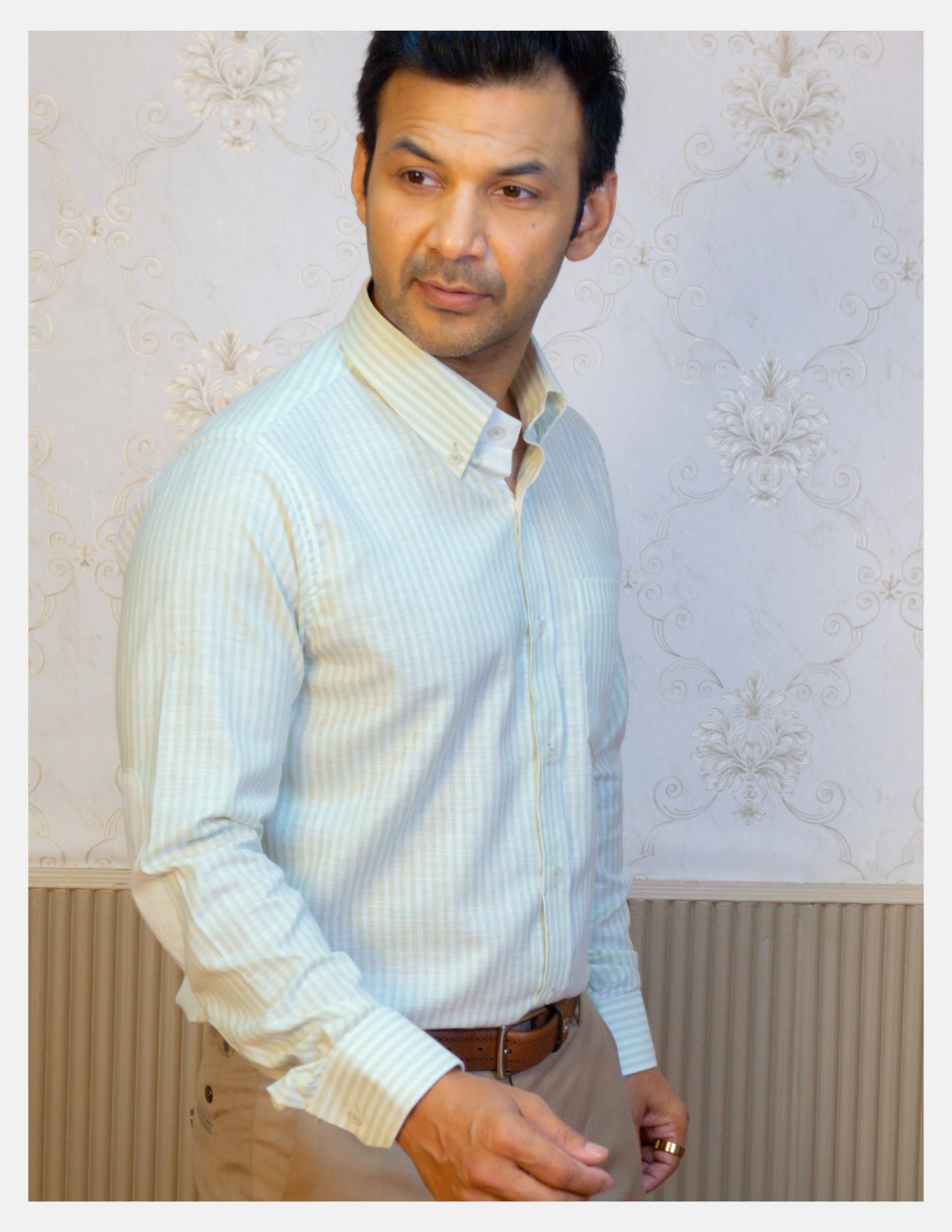 Light Green Striped Linen Shirt for Men – White Contrast Button-Down Collar | Dignity | Tucked-In Smart Formal View