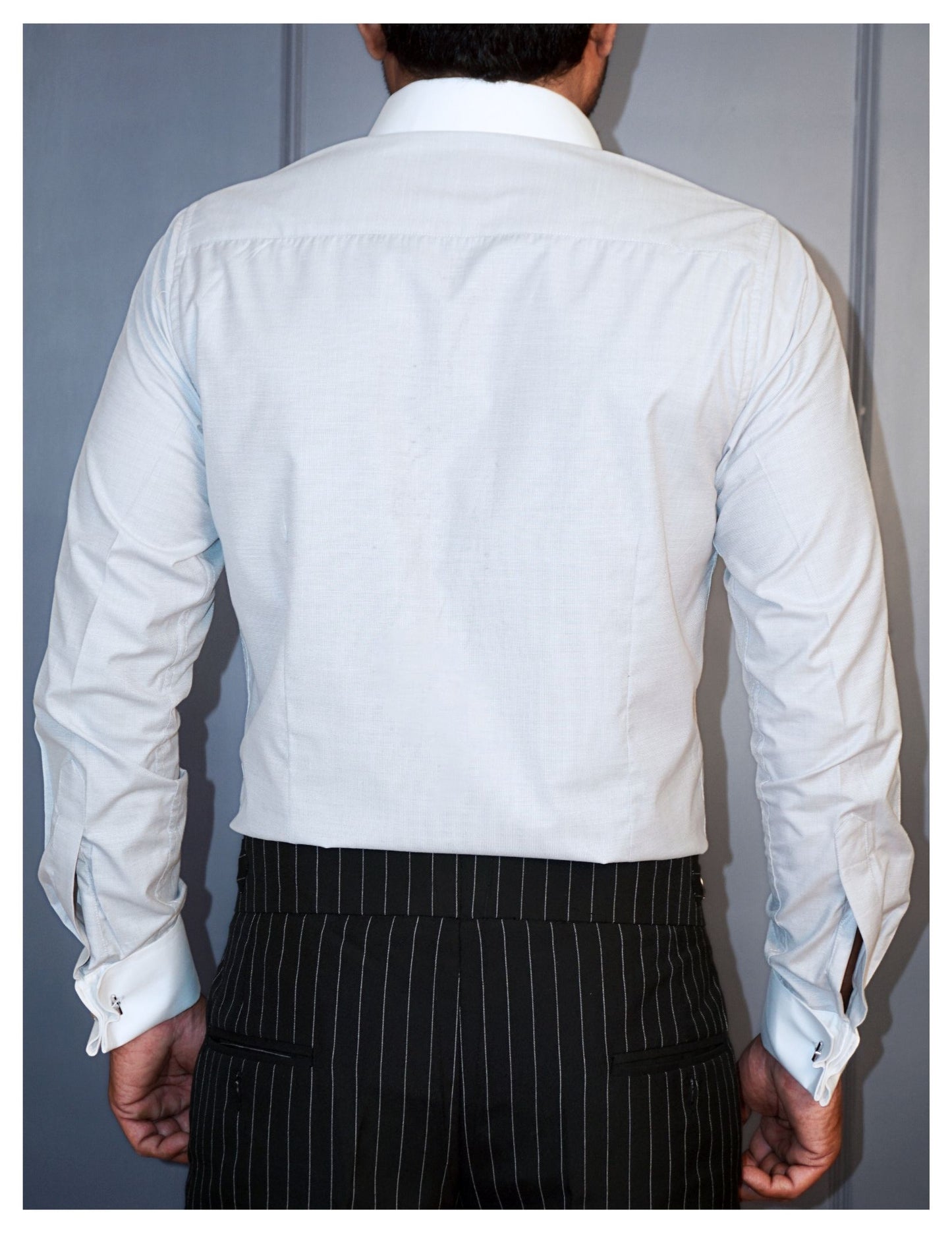 Light Grey Formal Shirt in Cotton Filafil with contrast white collar and french cuffs | Dignity | Back View