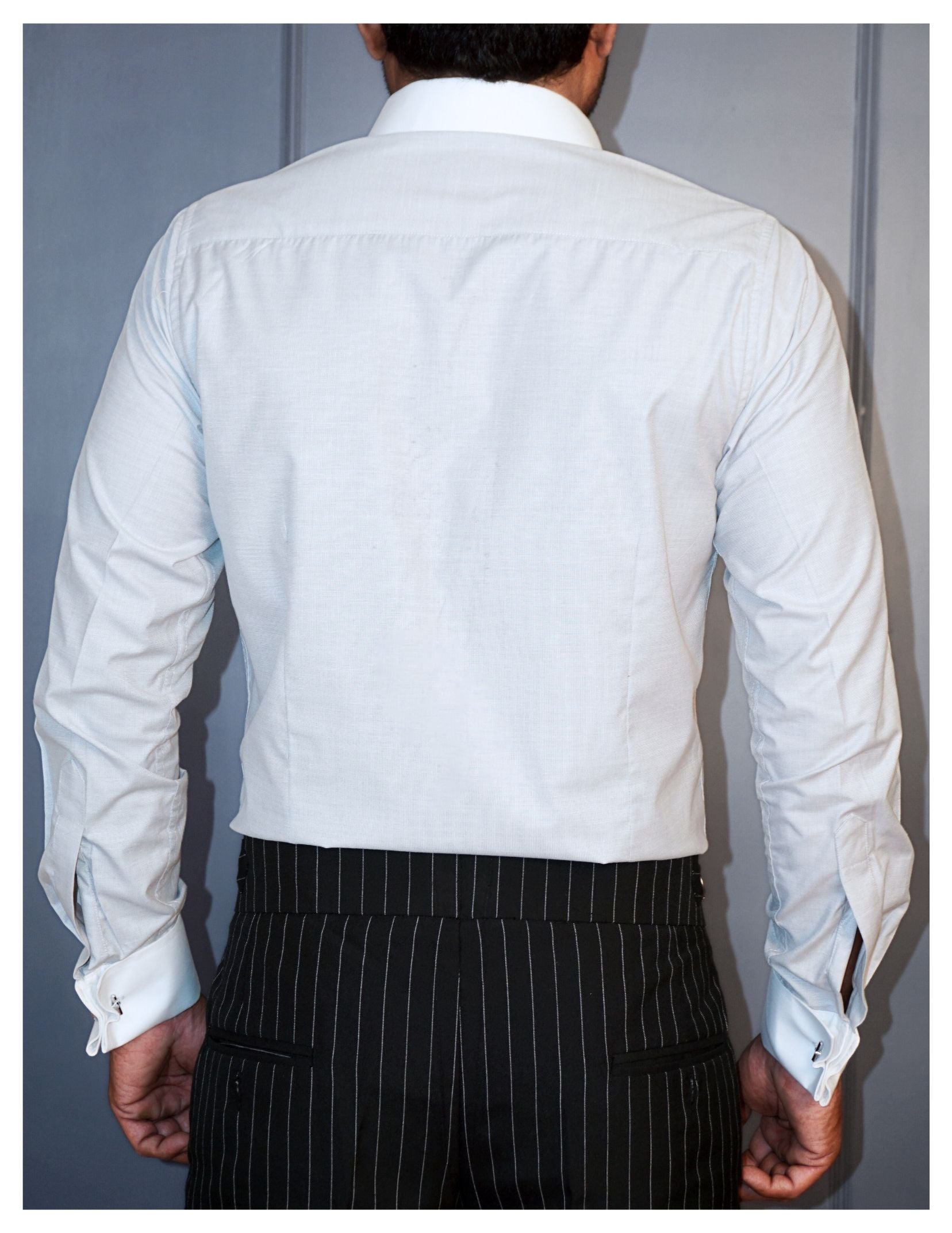 Light Grey Formal Shirt in Cotton Filafil with contrast white collar and french cuffs | Dignity | Back View