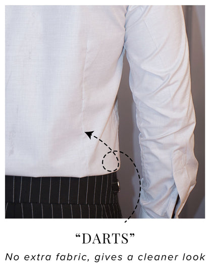 Light Grey Formal Shirt in Cotton Filafil with contrast white collar and french cuffs | Dignity | Darts at the back to avoid muffin top View