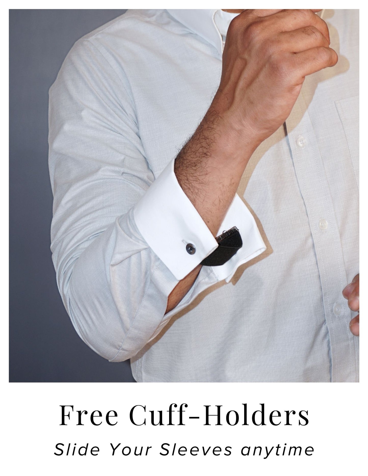 Light Grey Formal Shirt in Cotton Filafil with contrast white collar and french cuffs | Dignity | French Cuffs and Free Cuff Holder View