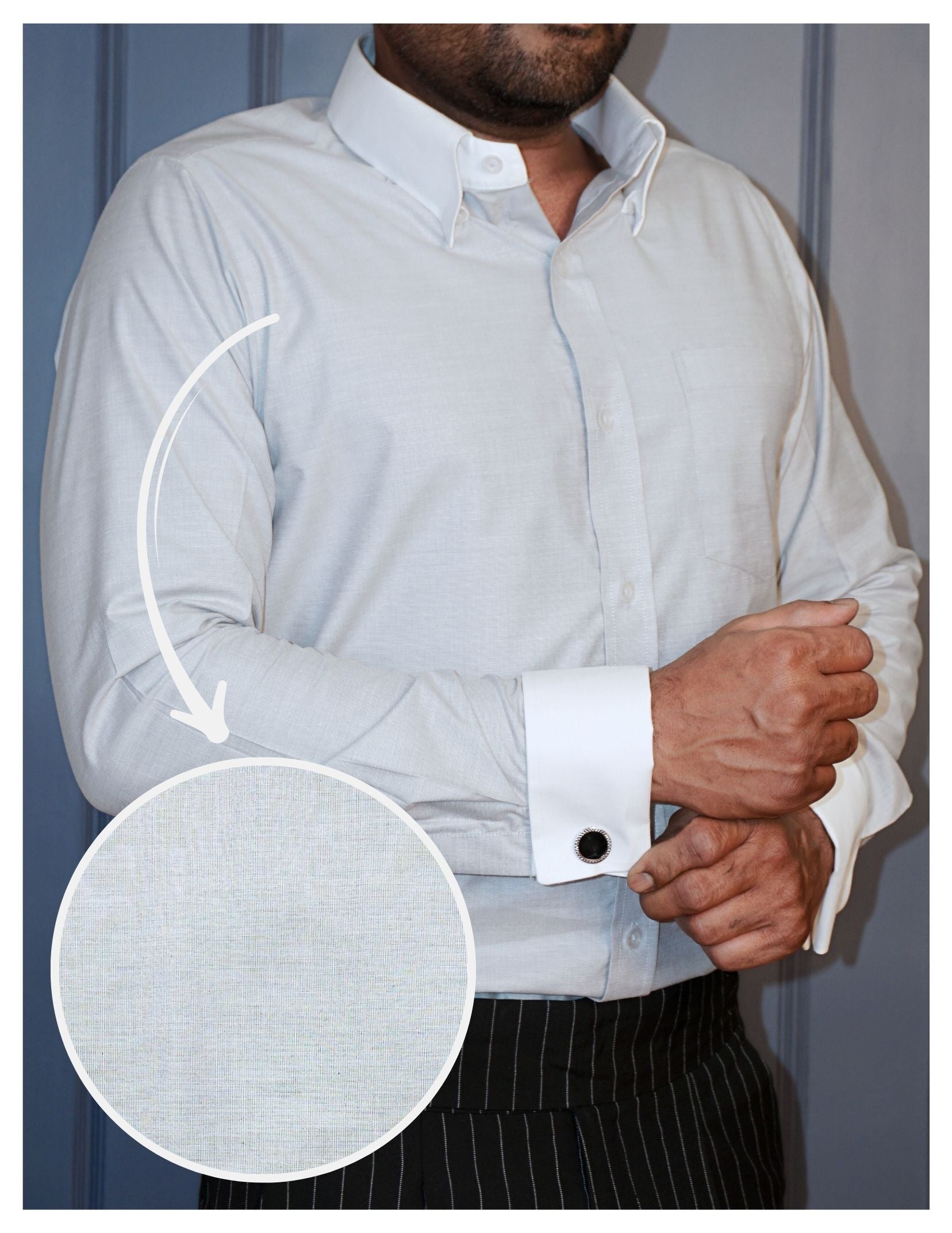 Light Grey Formal Shirt in Cotton Filafil with contrast white collar and french cuffs | Dignity | Front View