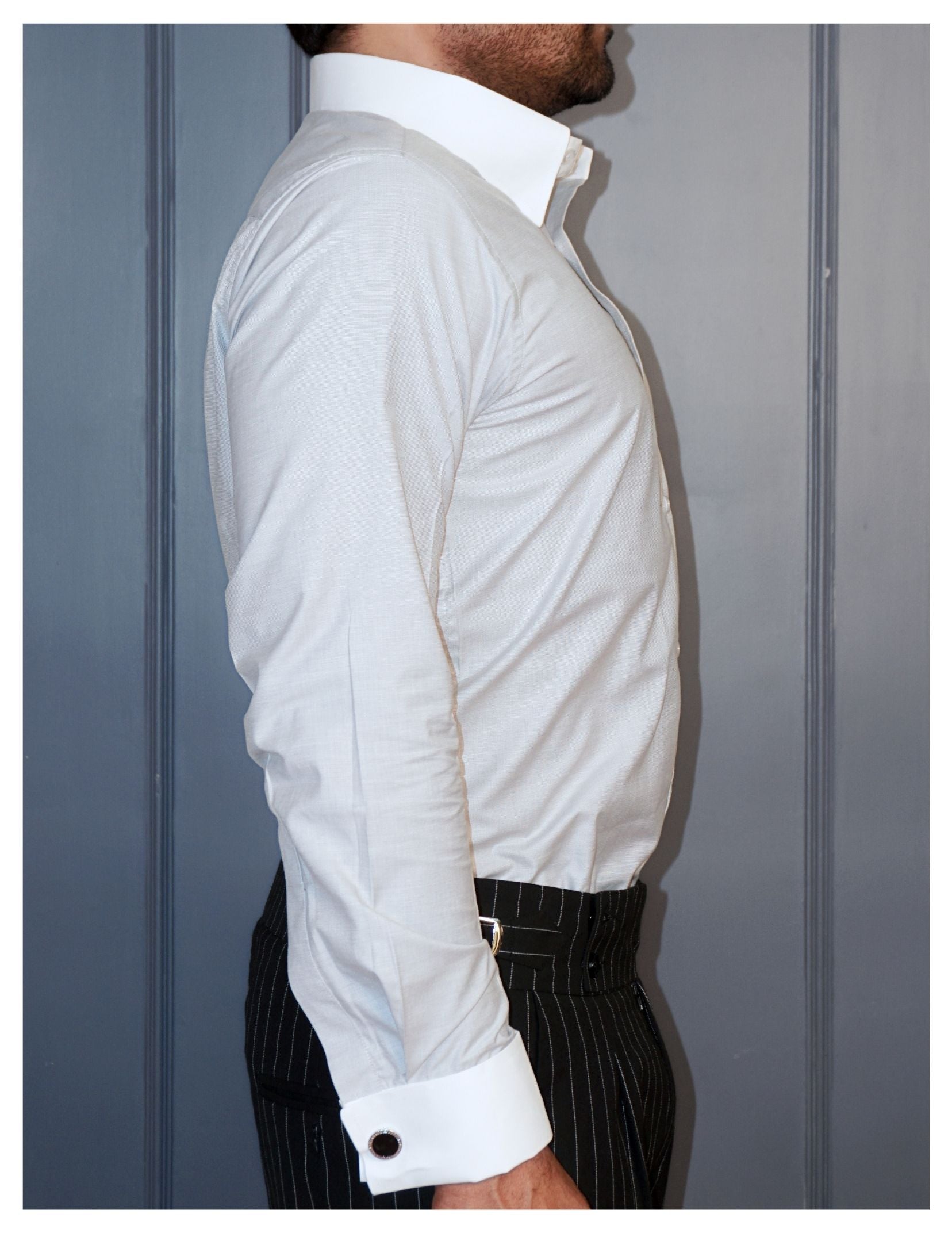 Light Grey Formal Shirt in Cotton Filafil with contrast white collar and french cuffs | Dignity | Side View