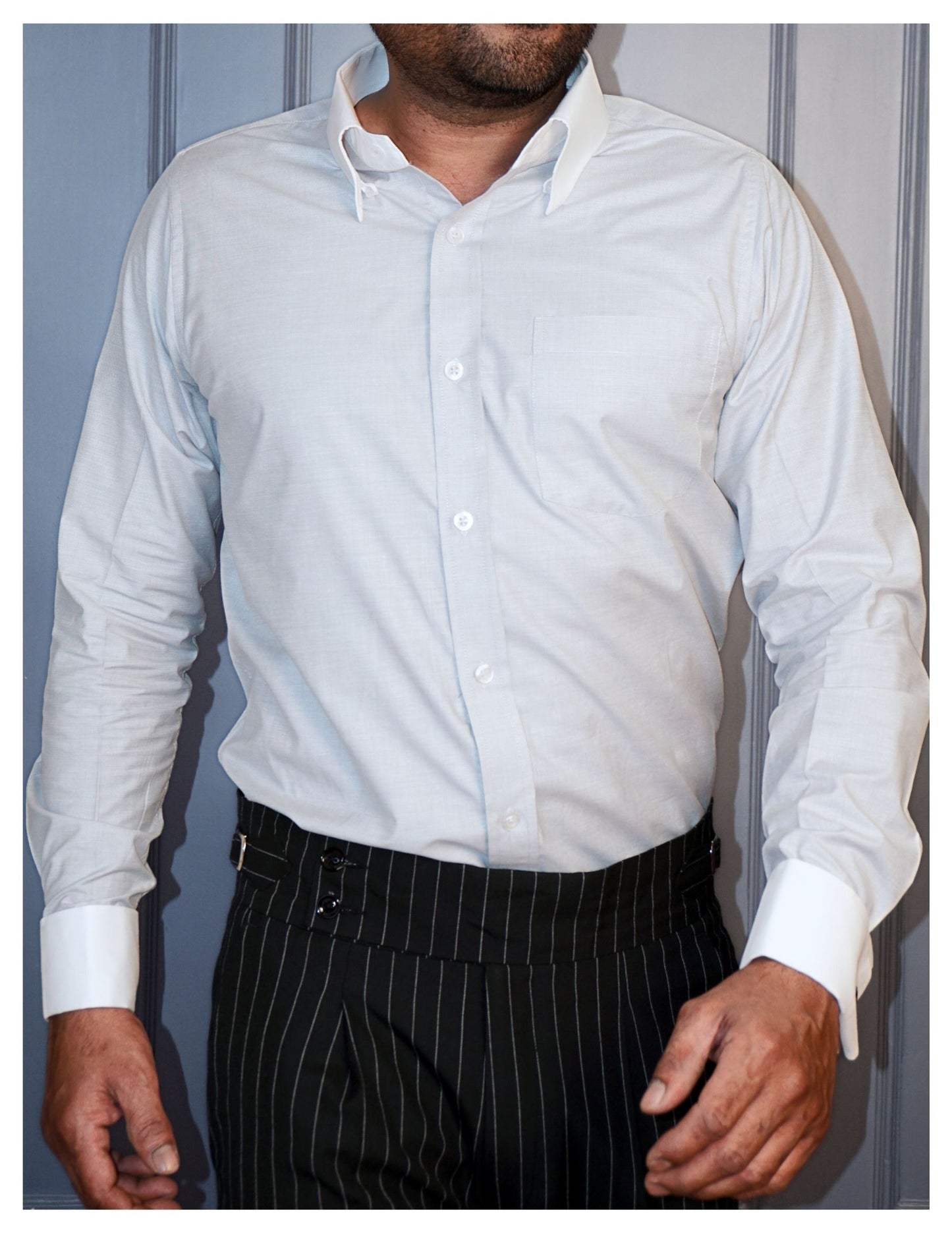 Light Grey Formal Shirt in Cotton Filafil with contrast white collar and french cuffs | Dignity | Walking View