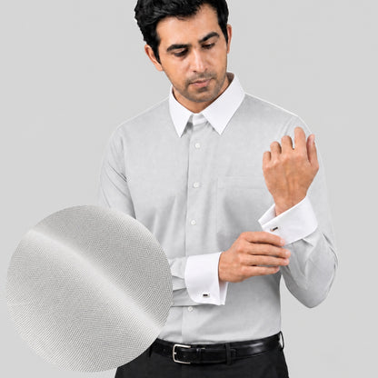 Light Grey Premium Luxury Cotton Oxford Formal Shirt for Men – White Contrast Collar & French Cuffs
