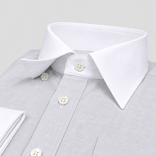 Light Grey Premium Luxury Cotton Oxford Formal Shirt for Men – White Contrast Collar & French Cuffs