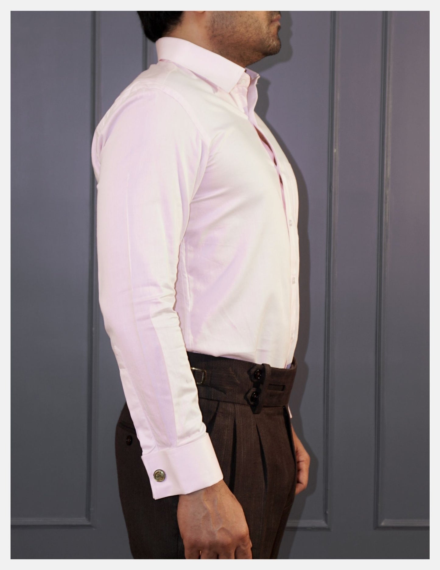Light Pink Cotton Satin Formal Shirt for Men – French Cuffs | Dignity | Side View