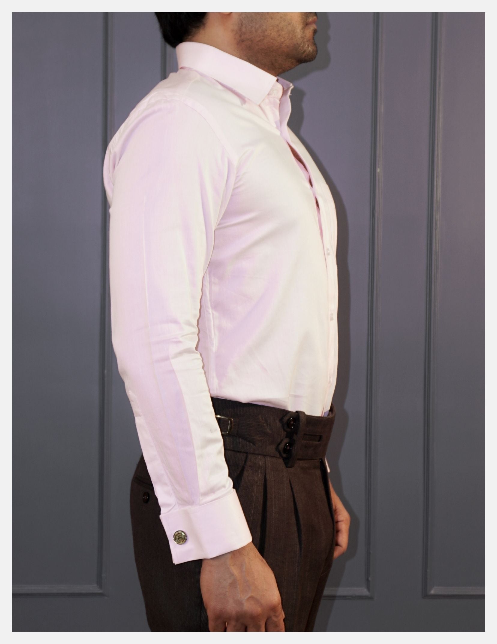 Light Pink Cotton Satin Formal Shirt for Men – French Cuffs | Dignity | Side View