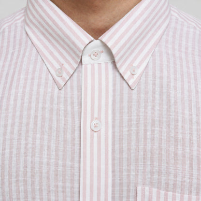 Pink Striped Linen Shirt for Men – White Contrast Button-Down Collar