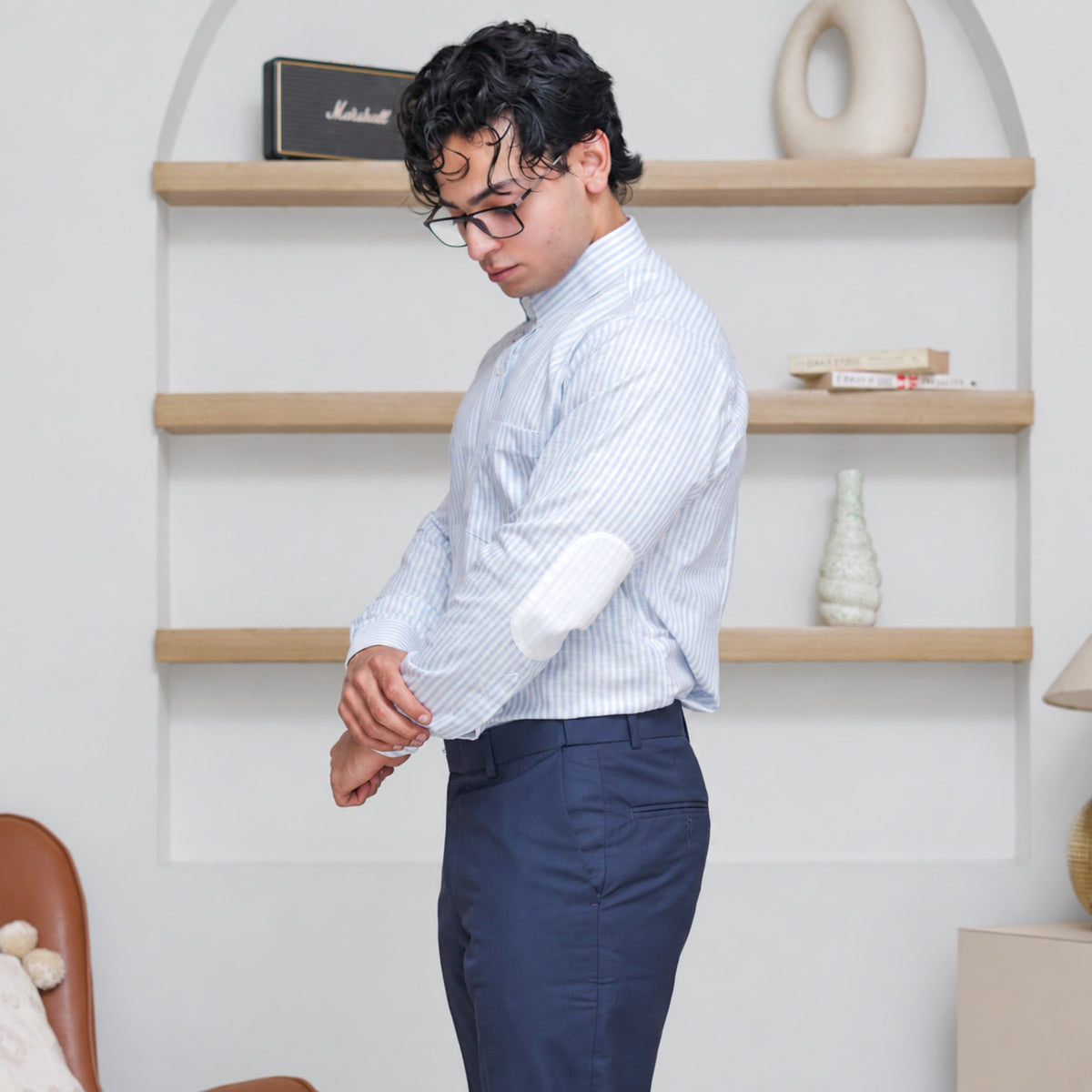 Light Blue Striped Linen Shirt for Men – White Contrast Button-Down Collar