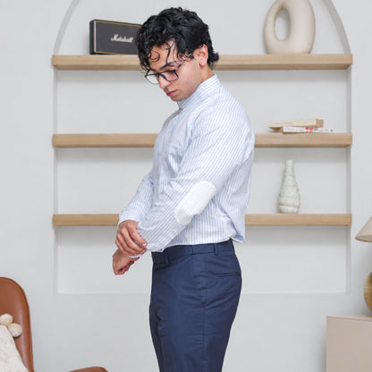 Light Blue Striped Linen Shirt for Men – White Contrast Button-Down Collar