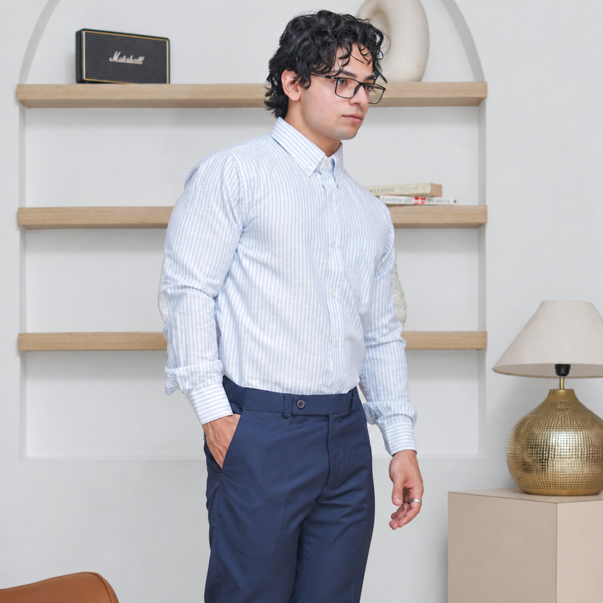 Light Blue Striped Linen Shirt for Men – White Contrast Button-Down Collar