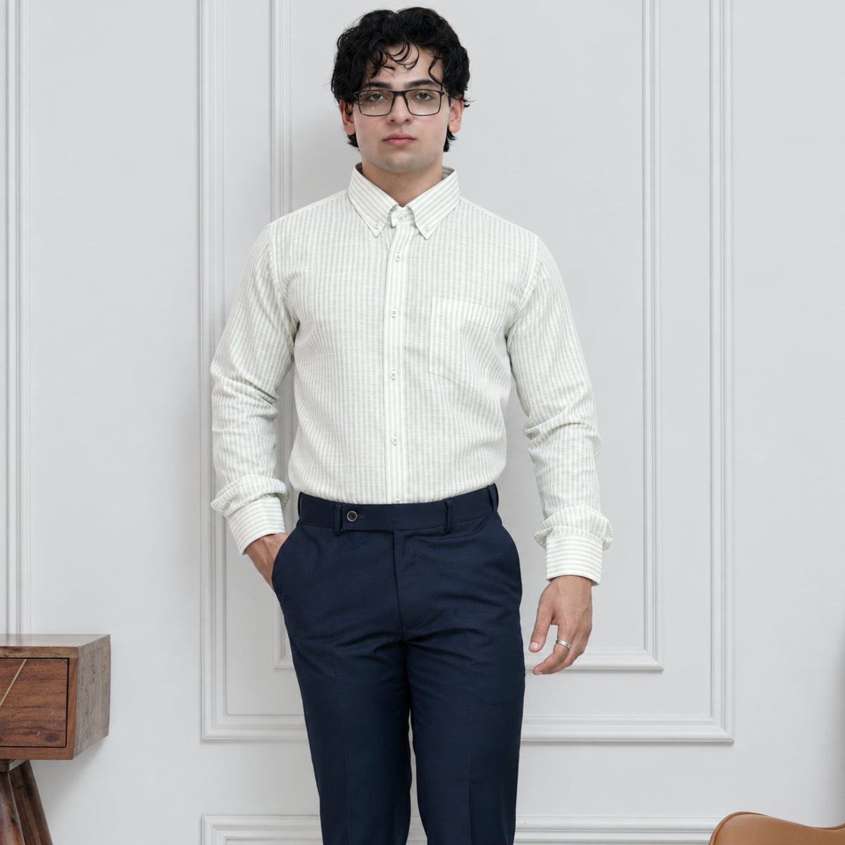 Light Green Striped Linen Shirt for Men – White Contrast Button-Down Collar