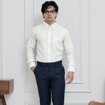Light Green Striped Linen Shirt for Men – White Contrast Button-Down Collar