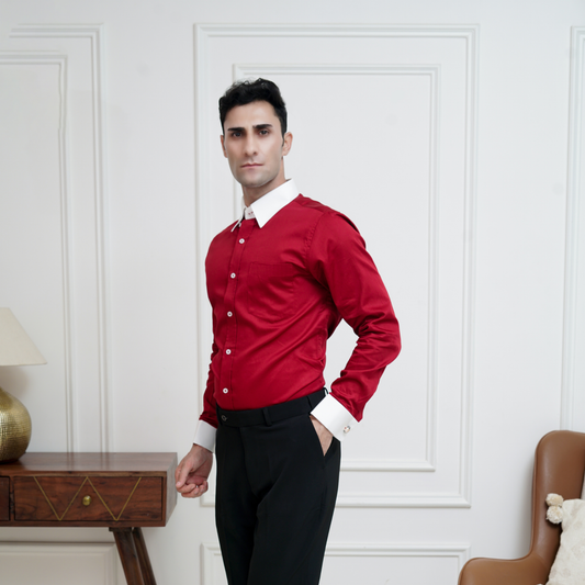 Maroon Cotton Satin Formal Shirt for Men – White Contrast Collar & French Cuffs/ side view