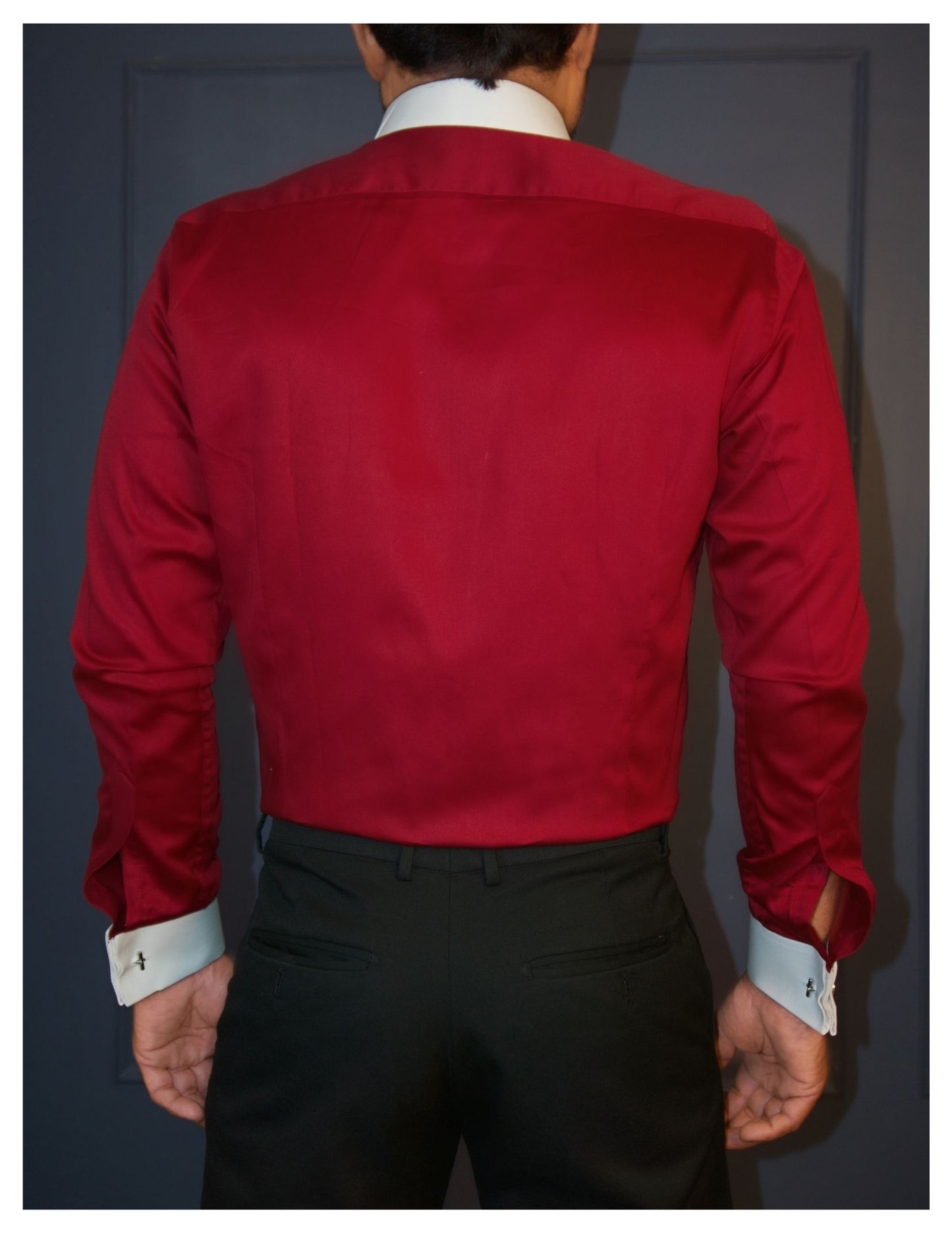 Maroon Cotton Satin Formal Shirt with White Contrast Collar and Cuffs | Dignity | Back View