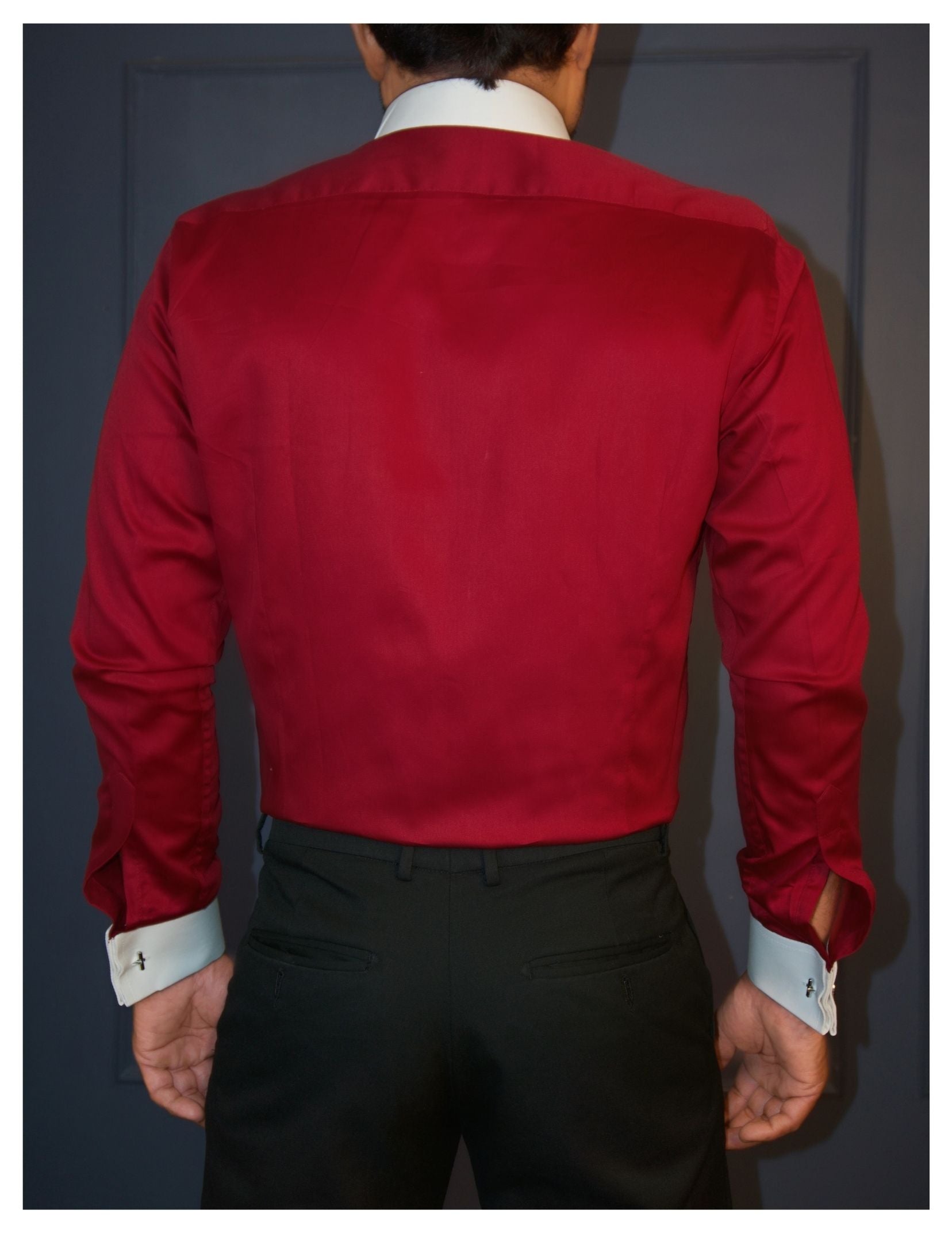 Maroon Cotton Satin Formal Shirt with White Contrast Collar and Cuffs | Dignity | Back View