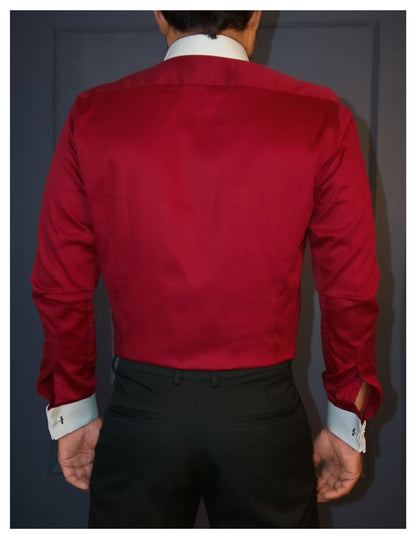 Maroon Cotton Satin Formal Shirt with White Contrast Collar and Cuffs | Dignity | Back View