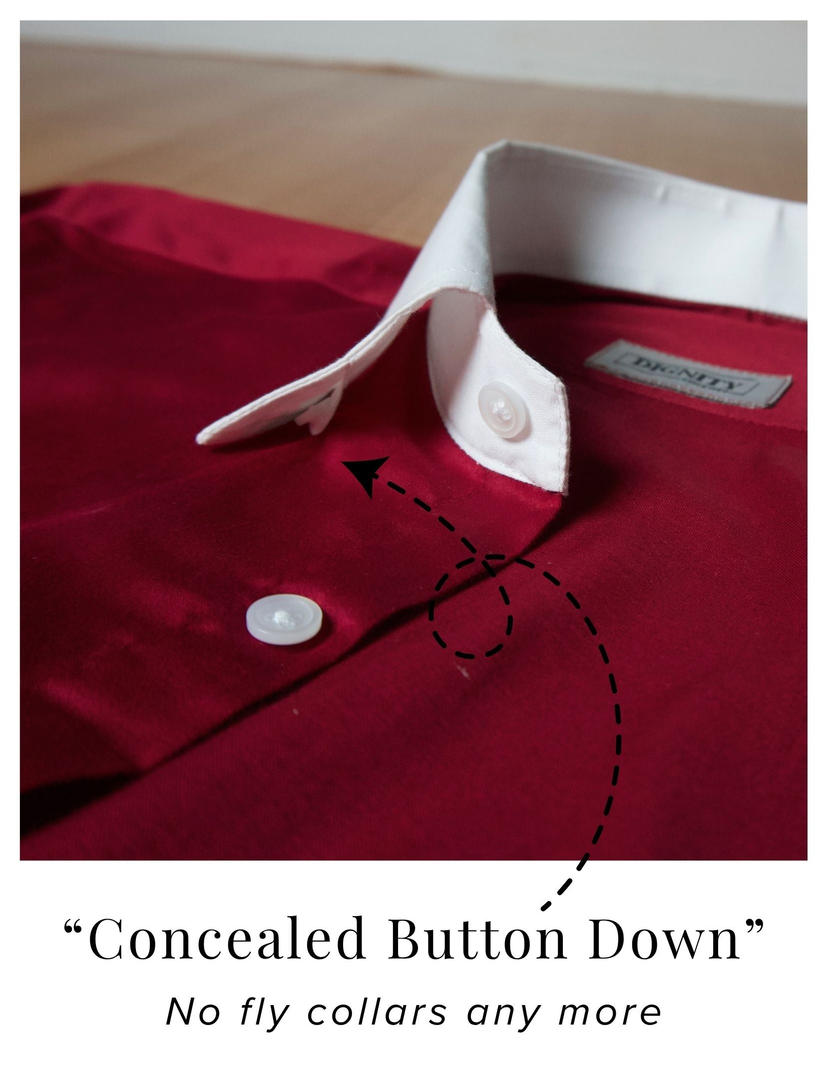 Maroon Cotton Satin Formal Shirt with White Contrast Collar and Cuffs | Dignity | Concealed Button Down Collar View