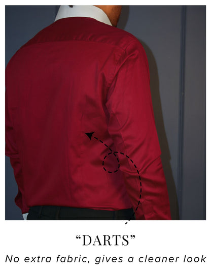 Maroon Cotton Satin Formal Shirt with White Contrast Collar and Cuffs | Dignity | Darts at the back to avoid muffin top View