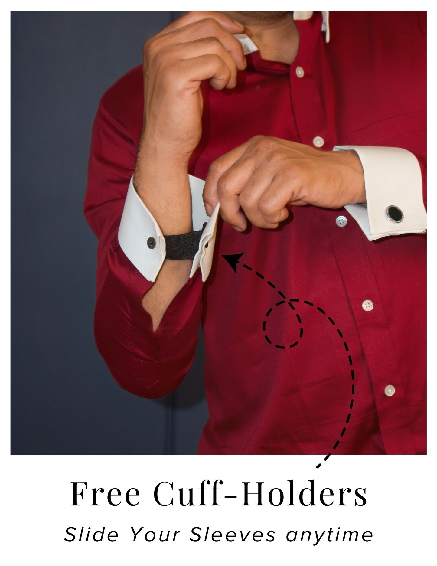 Maroon Cotton Satin Formal Shirt with White Contrast Collar and Cuffs | Dignity | French Cuffs and Free Cuff Holder View