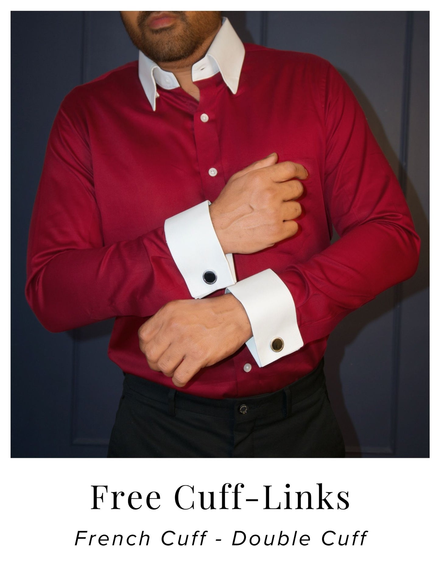 Maroon Cotton Satin Formal Shirt with White Contrast Collar and Cuffs | Dignity | French Cuffs and Free Cufflinks View