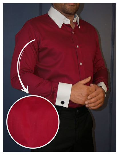 Maroon Cotton Satin Formal Shirt with White Contrast Collar and Cuffs | Dignity | Front View