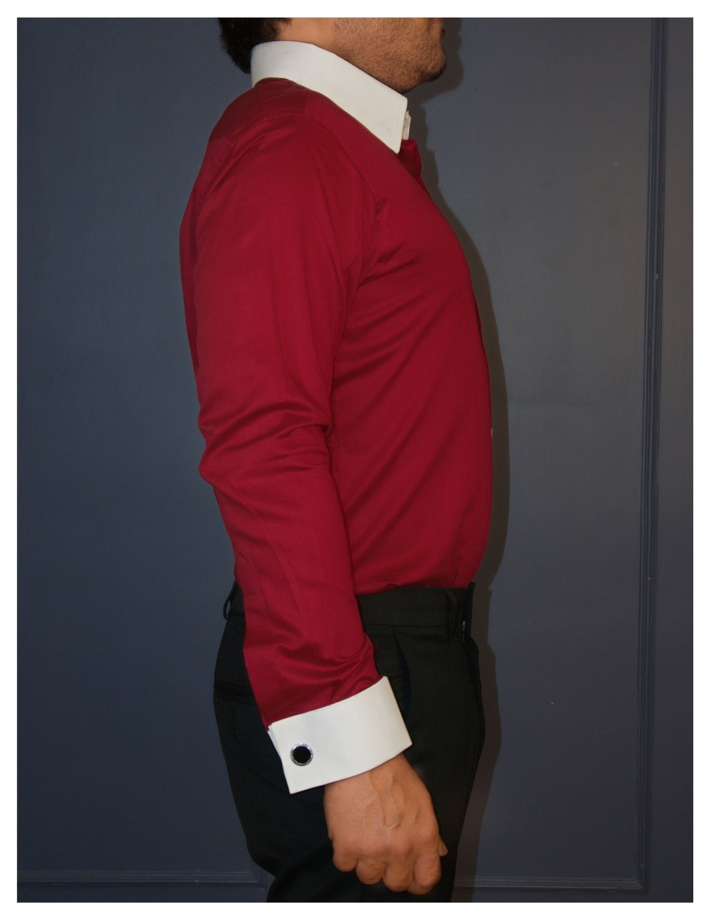 Maroon Cotton Satin Formal Shirt with White Contrast Collar and Cuffs | Dignity | Side View