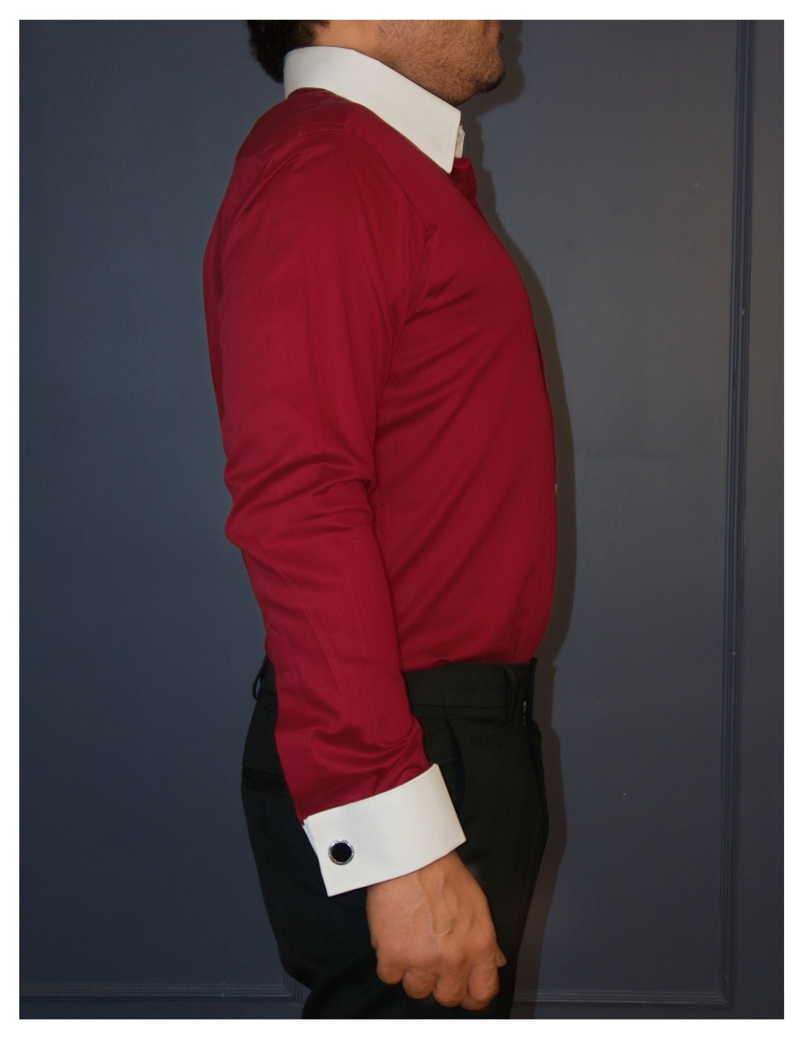 Maroon Cotton Satin Formal Shirt with White Contrast Collar and Cuffs | Dignity | Side View