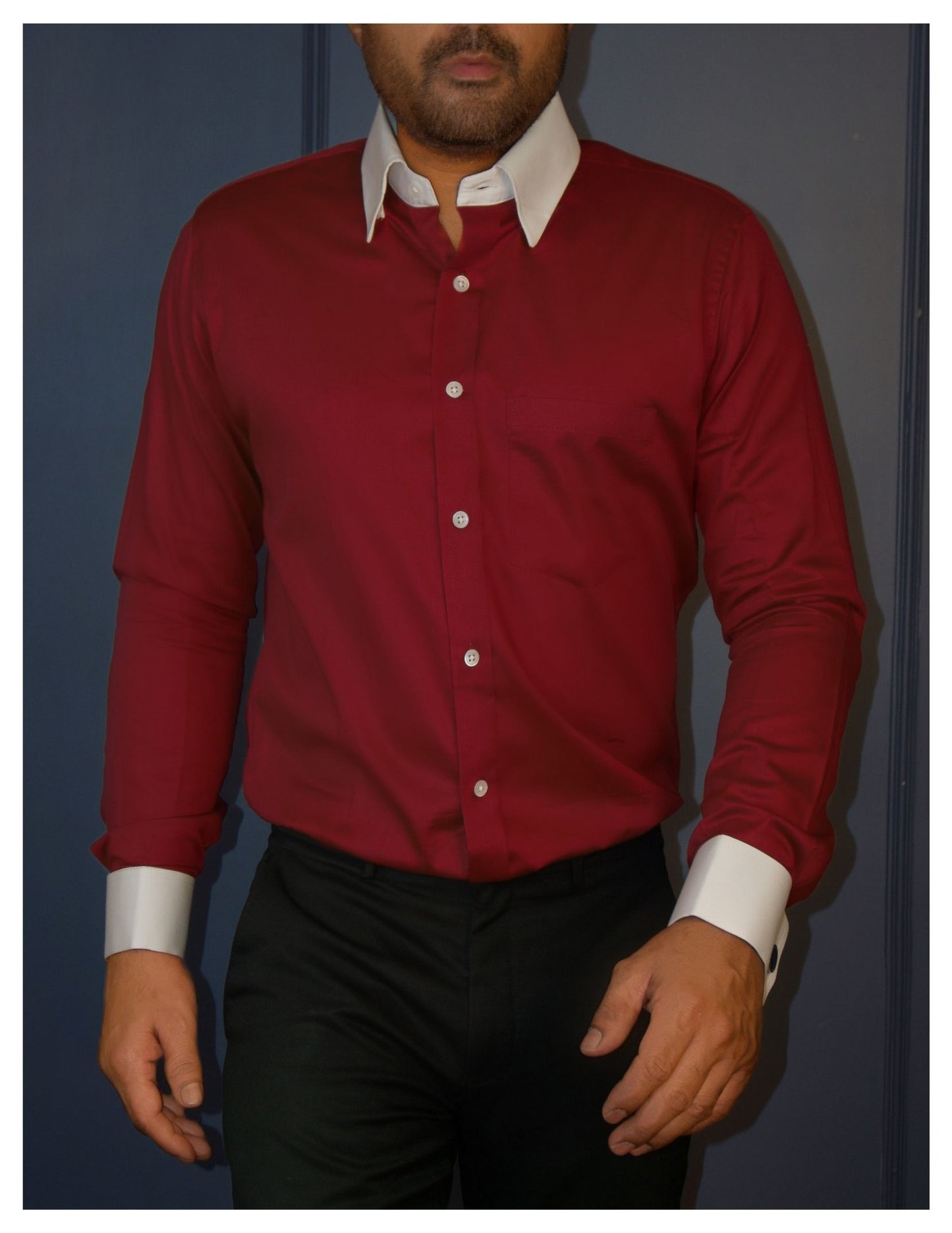 Maroon Cotton Satin Formal Shirt with White Contrast Collar and Cuffs | Dignity | Walking View