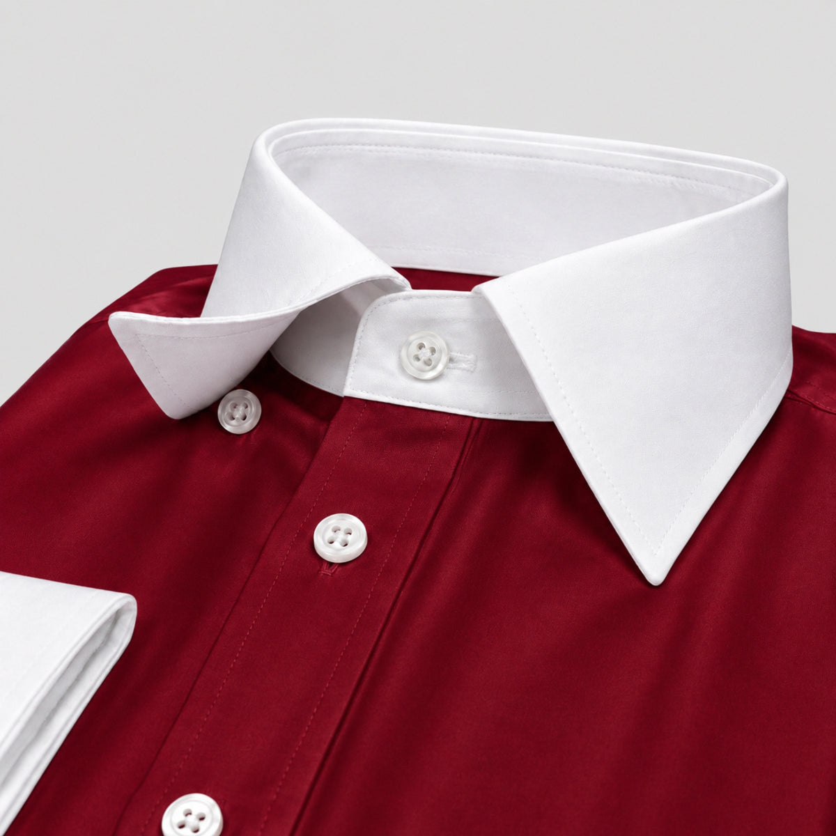 Maroon Cotton Satin Formal Shirt for Men – White Contrast Collar & French Cuffs