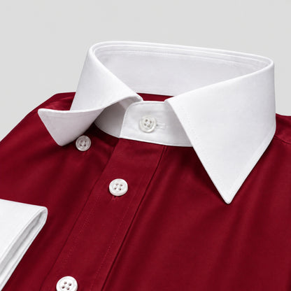 Maroon Cotton Satin Formal Shirt for Men – White Contrast Collar & French Cuffs