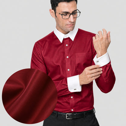 Maroon Cotton Satin Formal Shirt for Men – White Contrast Collar & French Cuffs