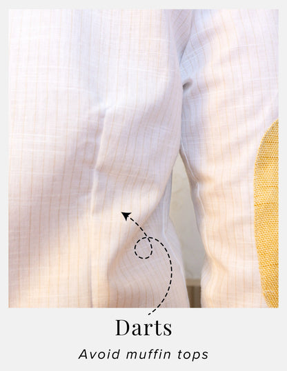 Off-White Pinstripe Linen Shirt for Men – Mandarin Collar & Beige-Gold Contrast Details | Dignity | Back Darts Detail View