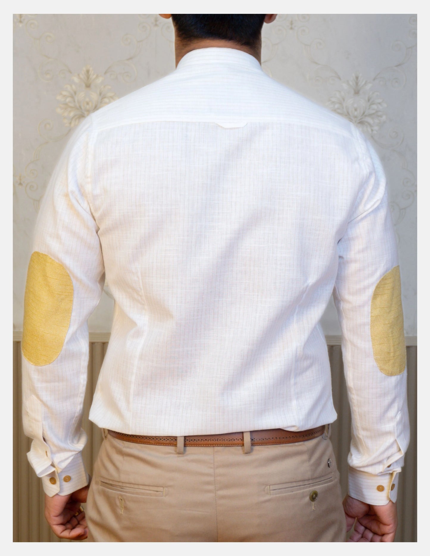 Off-White Pinstripe Linen Shirt for Men – Mandarin Collar & Beige-Gold Contrast Details | Dignity | Back View