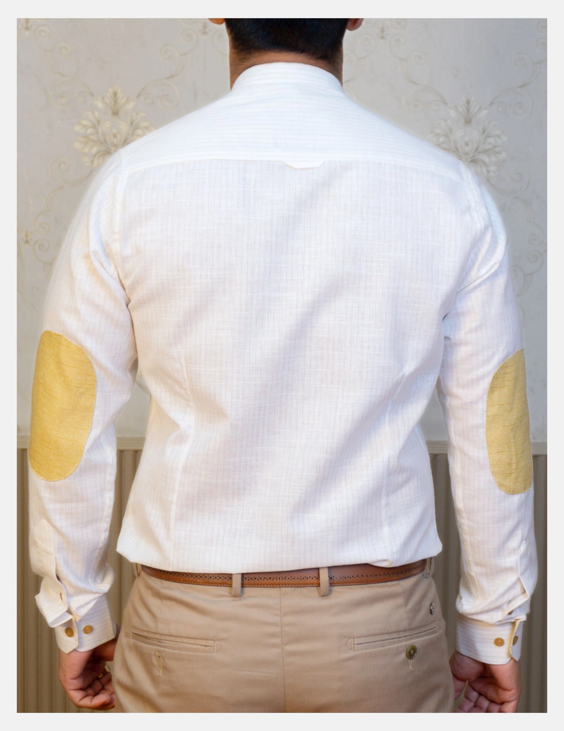Off-White Pinstripe Linen Shirt for Men – Mandarin Collar & Beige-Gold Contrast Details | Dignity | Back View