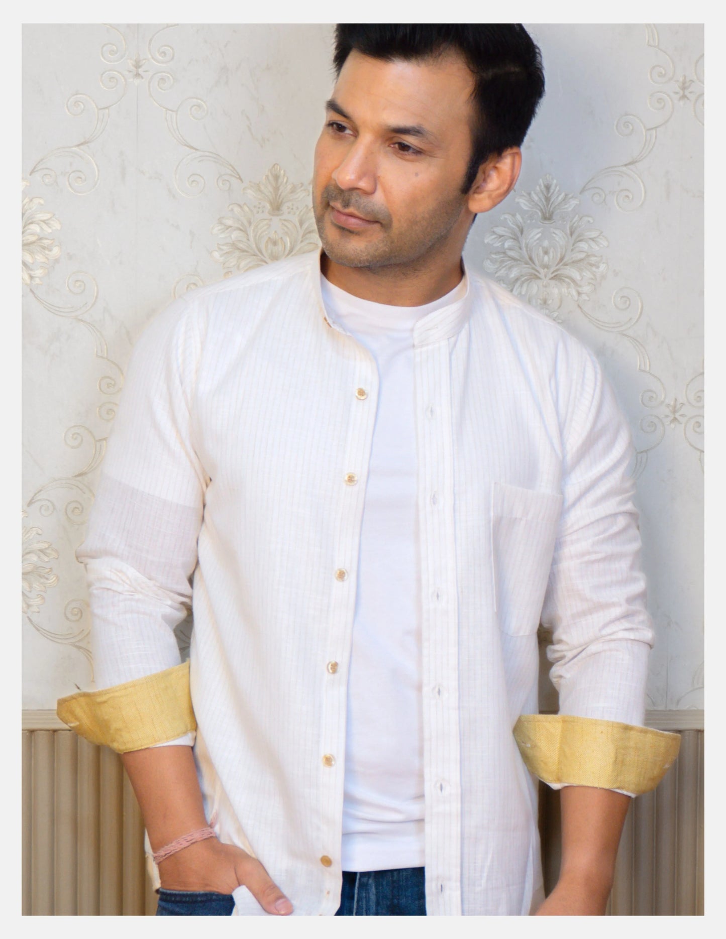 Off-White Pinstripe Linen Shirt for Men – Mandarin Collar & Beige-Gold Contrast Details | Dignity | Casual Open-Button Look