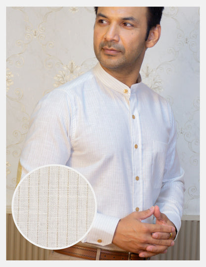 Off-White Pinstripe Linen Shirt for Men – Mandarin Collar & Beige-Gold Contrast Details | Dignity | Hero Front View