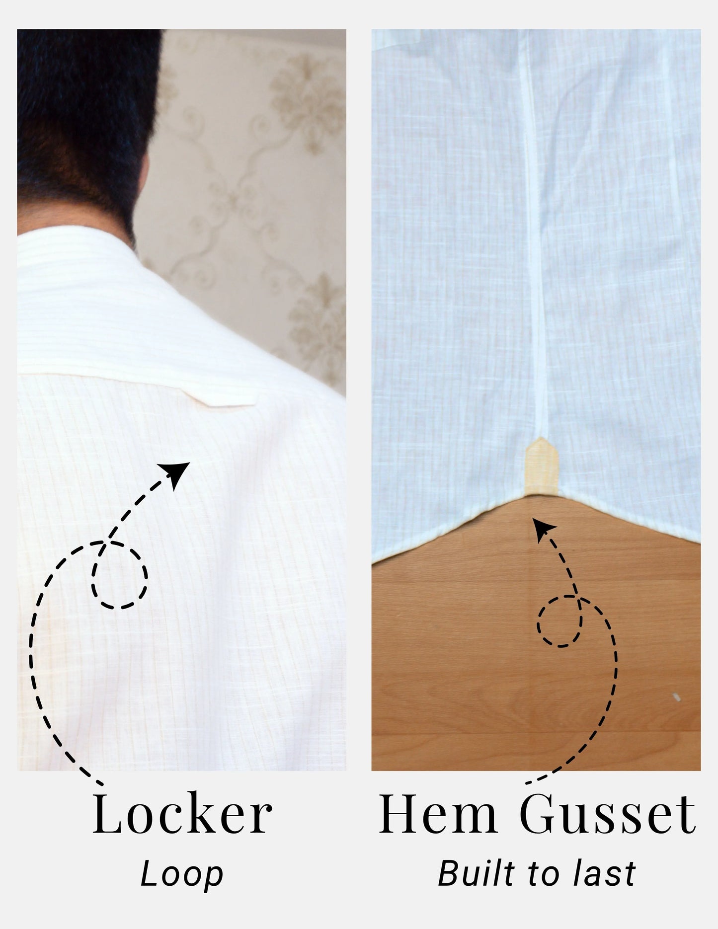 Off-White Pinstripe Linen Shirt for Men – Mandarin Collar & Beige-Gold Contrast Details | Dignity | Locker Loop and Hem Gusset Detail View