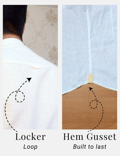 Off-White Pinstripe Linen Shirt for Men – Mandarin Collar & Beige-Gold Contrast Details | Dignity | Locker Loop and Hem Gusset Detail View