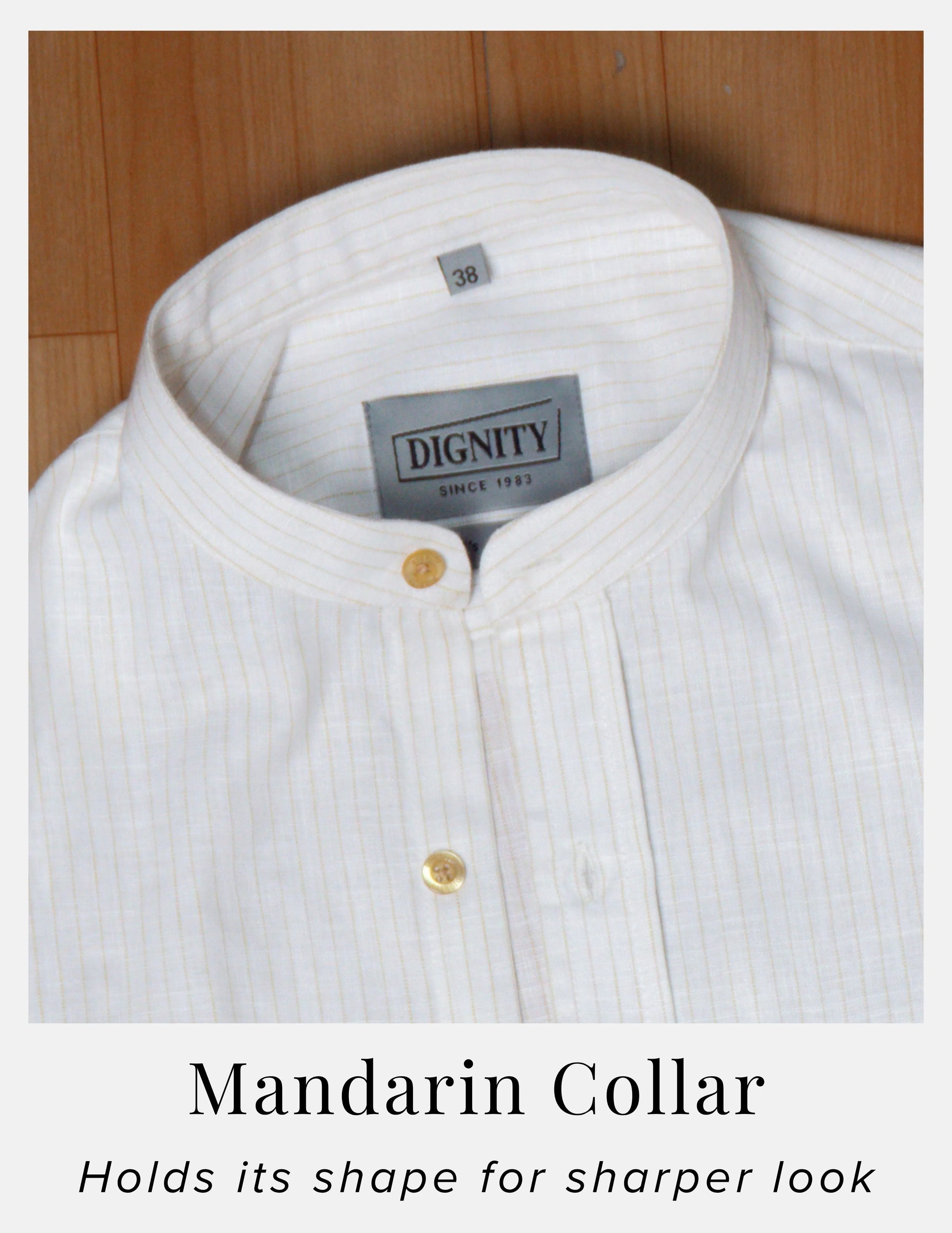 Off-White Pinstripe Linen Shirt for Men – Mandarin Collar & Beige-Gold Contrast Details | Dignity | Mandarin Collar Detail View