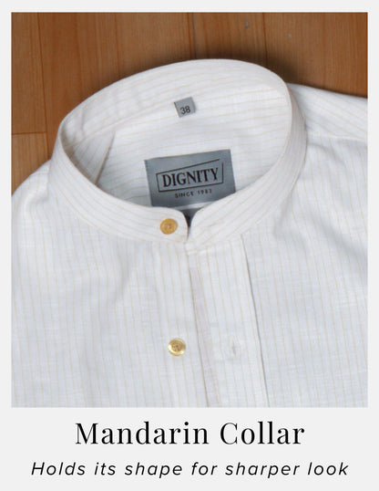 Off-White Pinstripe Linen Shirt for Men – Mandarin Collar & Beige-Gold Contrast Details | Dignity | Mandarin Collar Detail View