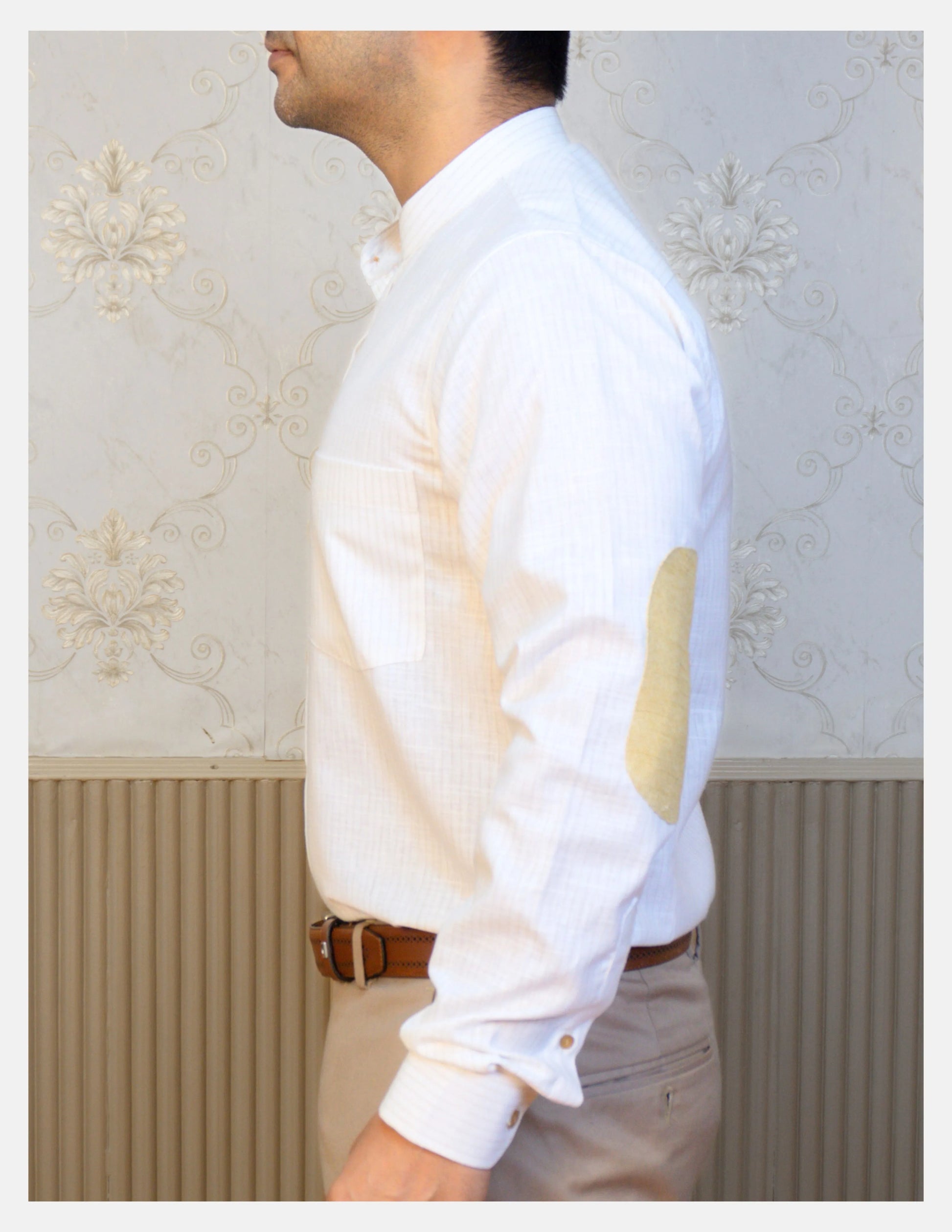 Off-White Pinstripe Linen Shirt for Men – Mandarin Collar & Beige-Gold Contrast Details | Dignity | Side View with Elbow Patch